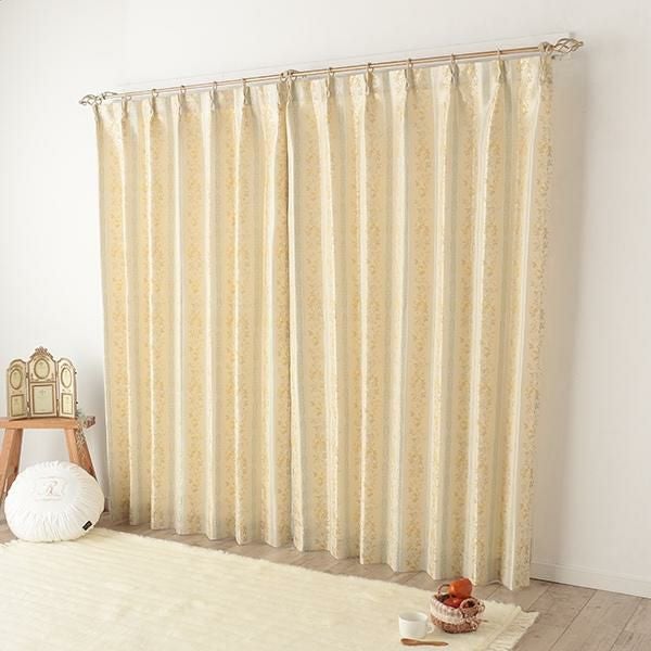ローズストライプ柄ジャガードカーテン（イエロー・幅１００cm×丈２２０～２３８ｃｍ・２枚組） オーダーカーテン（遮光なし） 画像1