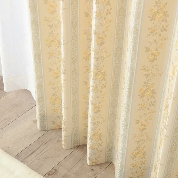 ローズストライプ柄ジャガードカーテン（イエロー・幅１００cm×丈２２０～２３８ｃｍ・２枚組） オーダーカーテン（遮光なし） 画像2