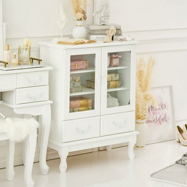 直送】取っ手を着せ替えできる猫脚キャビネット/ホワイト&アンティーク