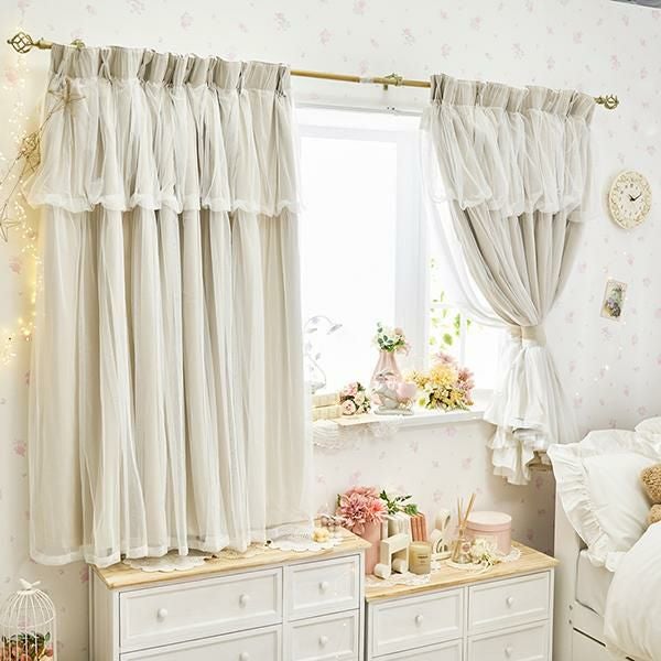 直送】上飾り付きレイヤード遮光カーテン/ベージュ(幅100×丈110・135