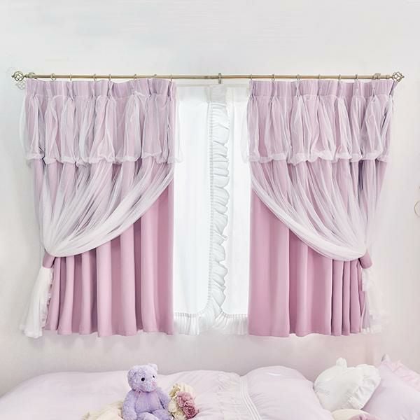 直送】上飾り付きレイヤード遮光カーテン/ローズ(幅100×丈110・135・2