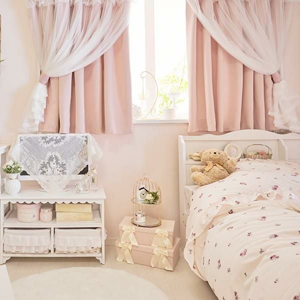 上飾り付きレイヤード遮光カーテン/ピンク(幅100×丈135・2枚組