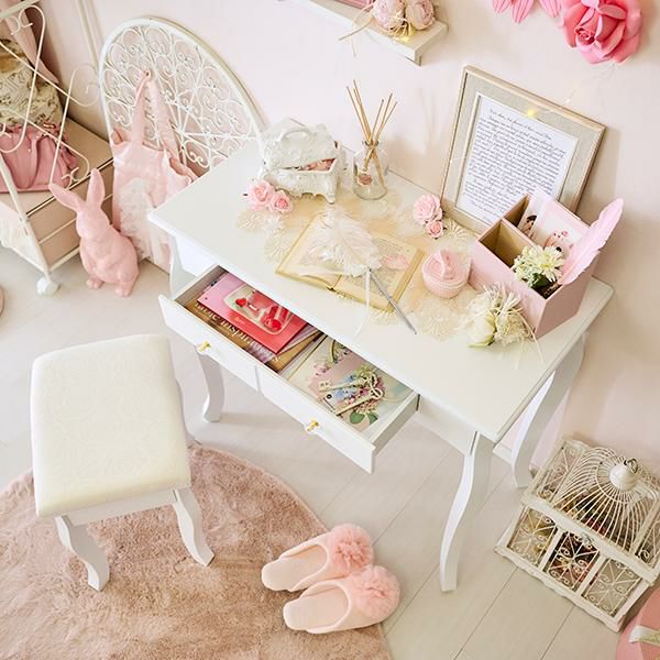 直送】クリスタル取っ手のデスク＆スツールセット｜かわいいお姫様