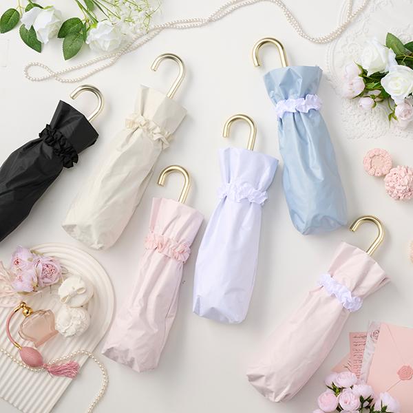 たっぷりフリル2段折りたたみ傘(ゴールド持ち手)【ラッピング対応可能