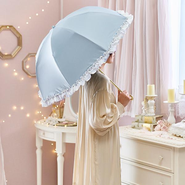 2026年3月入荷予定※たっぷりフリル2段折りたたみ傘(ゴールド持ち手