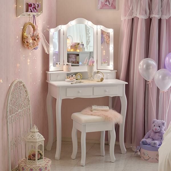 新品 ドレッサー LEDライト付き 鏡台 ピンク 大容量 化粧台 直送】三面鏡スリムドレッサー(ライト付き)｜かわいいお姫様インテリア