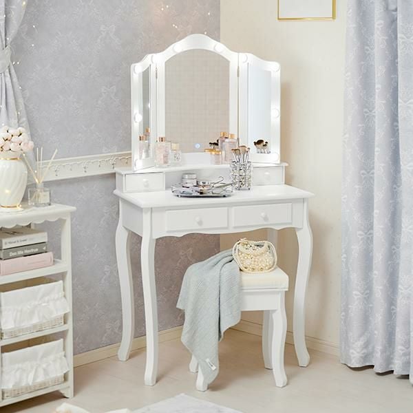 直送】三面鏡スリムドレッサー(ライト付き)｜かわいいお姫様インテリア