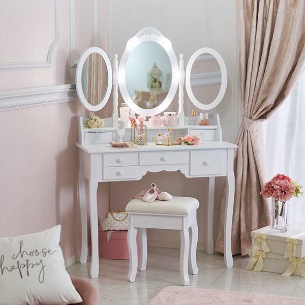 直送】三面鏡ドレッサー(スツール付き)｜かわいいお姫様インテリア家具