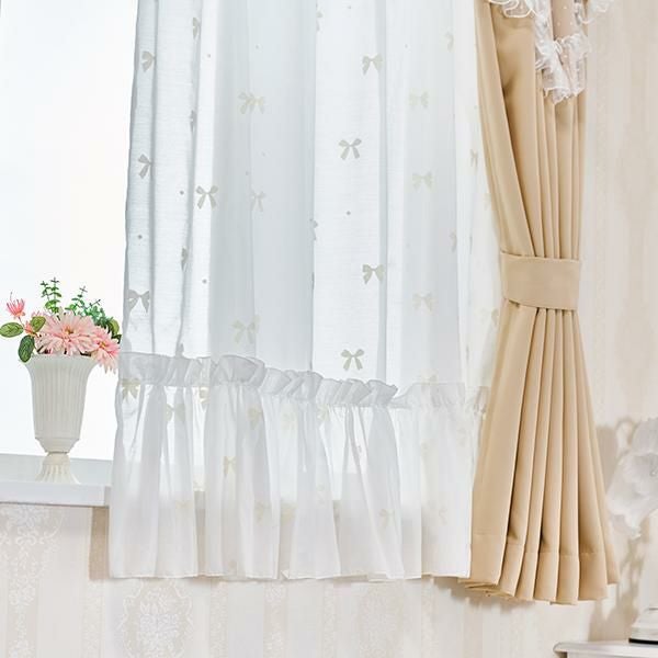 リボンフロッキーレースカーテン(幅100×丈176・2枚組)｜かわいいお姫様