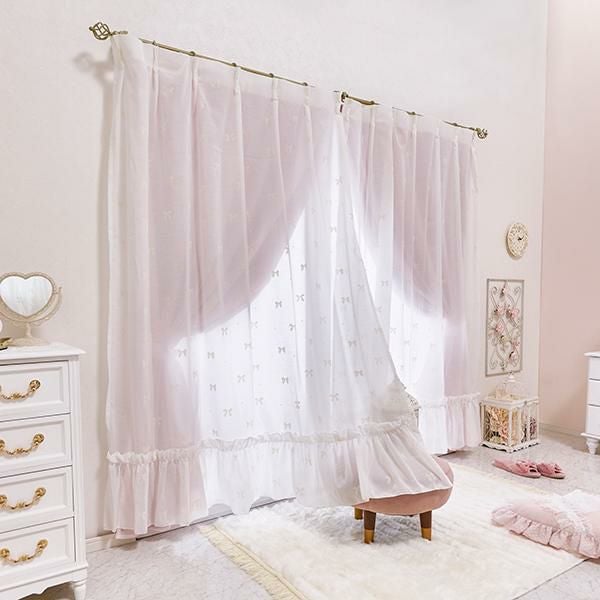 リボンフロッキーレースカーテン(幅100×丈108・2枚組)｜かわいいお姫様
