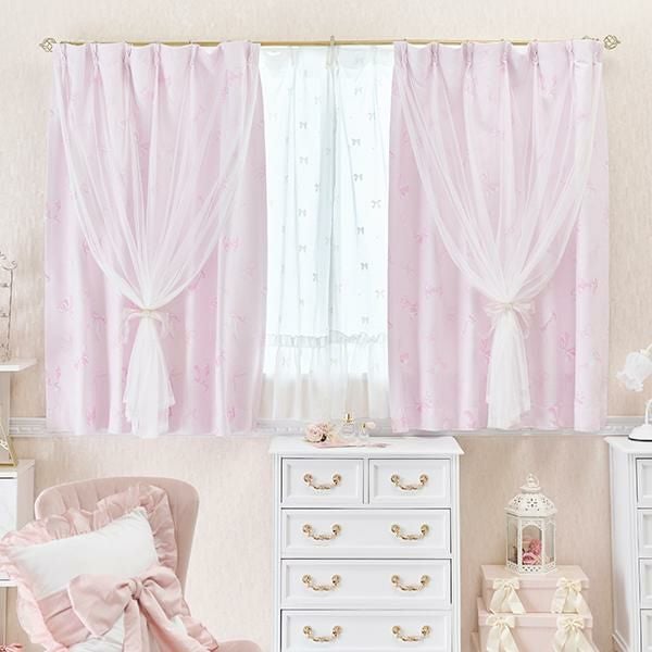 リボンフロッキーレースカーテン(幅100×丈108・2枚組)｜かわいいお姫様