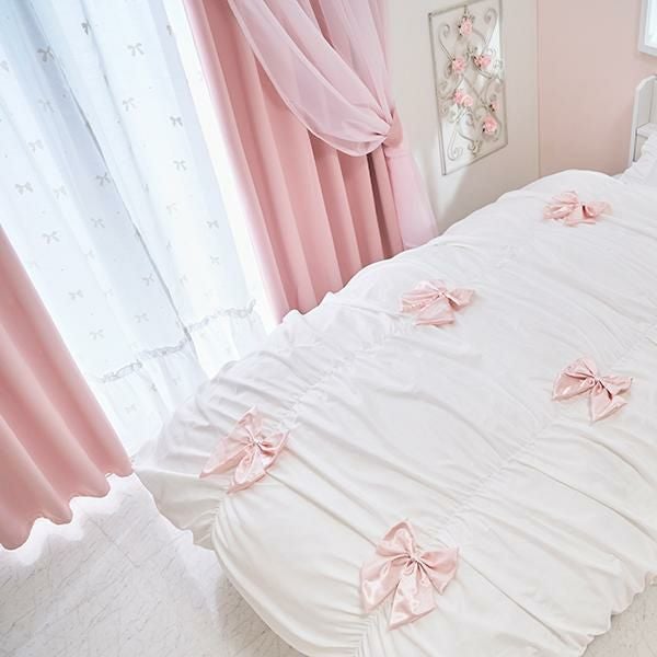 リボンフロッキーレースカーテン(幅100×丈108・2枚組)｜かわいいお姫様
