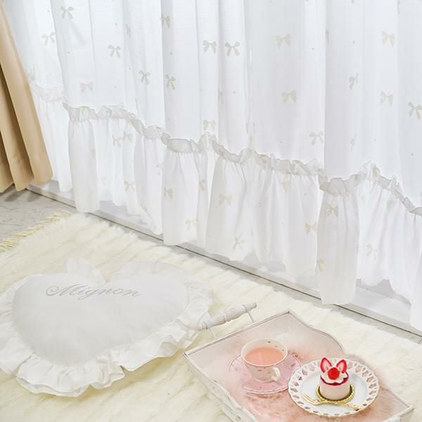 リボンフロッキーレースカーテン(幅100×丈108・2枚組)｜かわいいお姫様