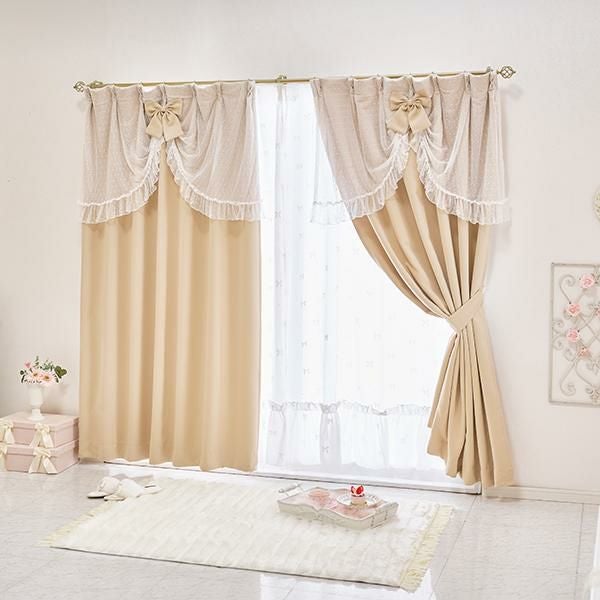 リボンフロッキーレースカーテン(幅100×丈108・2枚組)｜かわいいお姫様