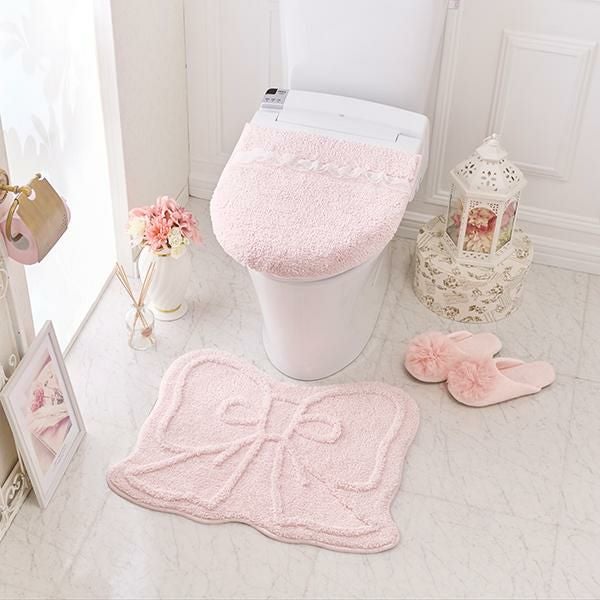 きらきらリボンのトイレ2点セット(兼用フタカバー＆マット)｜かわいい