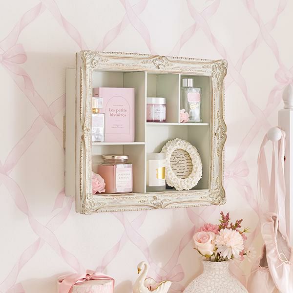 古家具 ♡ シェルフ ♡ クリーム色 シェルフ オープン収納 幅54cm 木目調 擦りガラス扉 ヴィンテージ