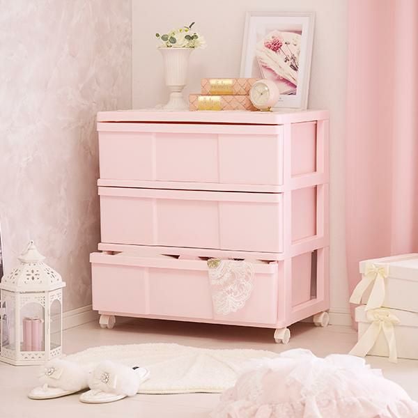 直送】ワイド収納ケース3段(ピンク)｜かわいいお姫様インテリア家具