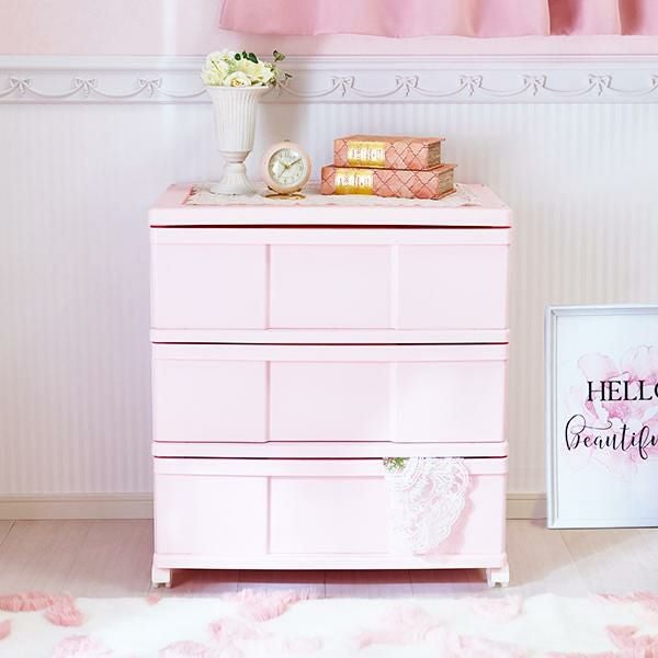 直送】ワイド収納ケース3段(ピンク)｜かわいいお姫様インテリア家具