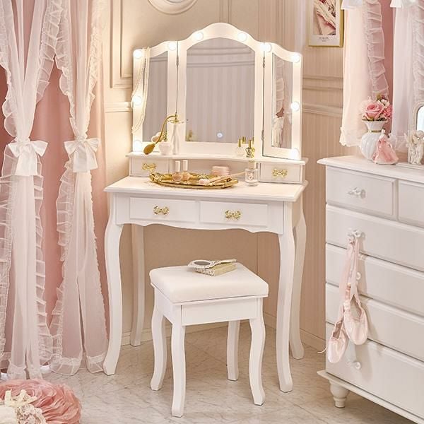 直送】リボン取っ手の三面鏡スリムドレッサー(ライト付き)｜かわいい