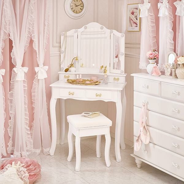 直送】リボン取っ手の三面鏡スリムドレッサー(ライト付き)｜かわいい