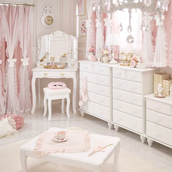 1月末入荷予定】【直送】リボン取っ手の三面鏡スリムドレッサー(ライト