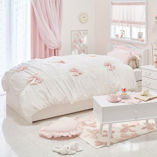 ギャザーリボン付き布団カバー3点セット(シングル・ホワイトピンク