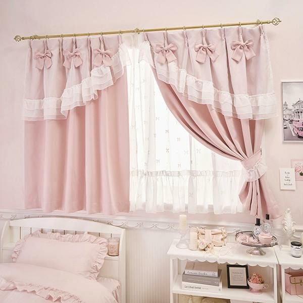 姫系カーテン かわいいカーテン リボン付 2枚組み 新品 未使用 プリンセス ポイント10倍♪～2/9 AM10:00まで】ティアラリボン2WAY遮光カーテン