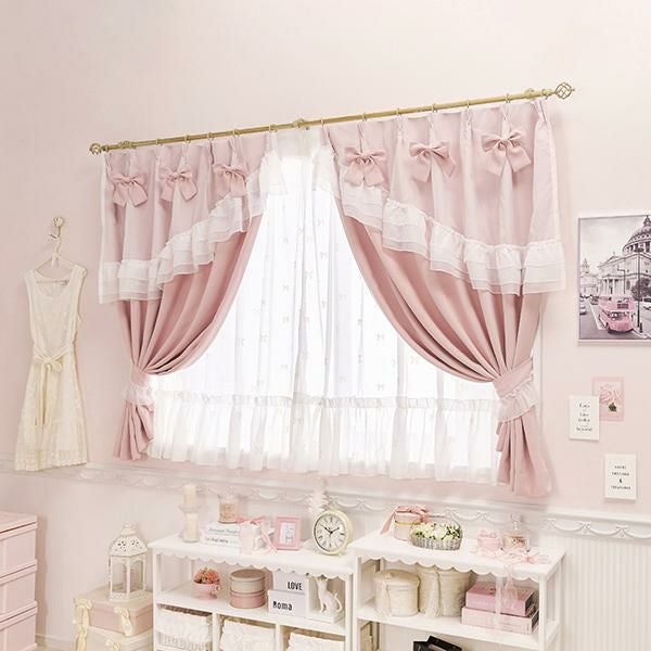 姫系カーテン かわいいカーテン リボン付 2枚組み 新品 未使用 プリンセス ティアラリボン2WAY遮光カーテン(100×135)/ピンク｜かわいいお姫様