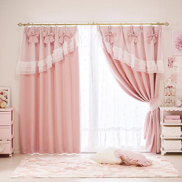 ティアラリボン2WAY遮光カーテン(100×178)/ピンク｜かわいいお姫様