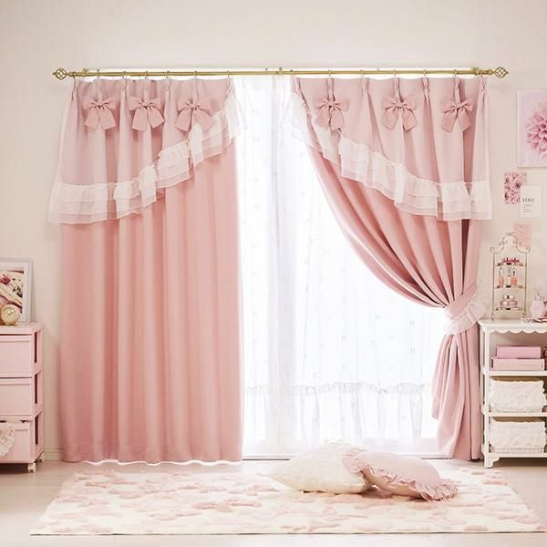 ティアラリボン2WAY遮光カーテン(100×200)/ピンク｜かわいいお姫様