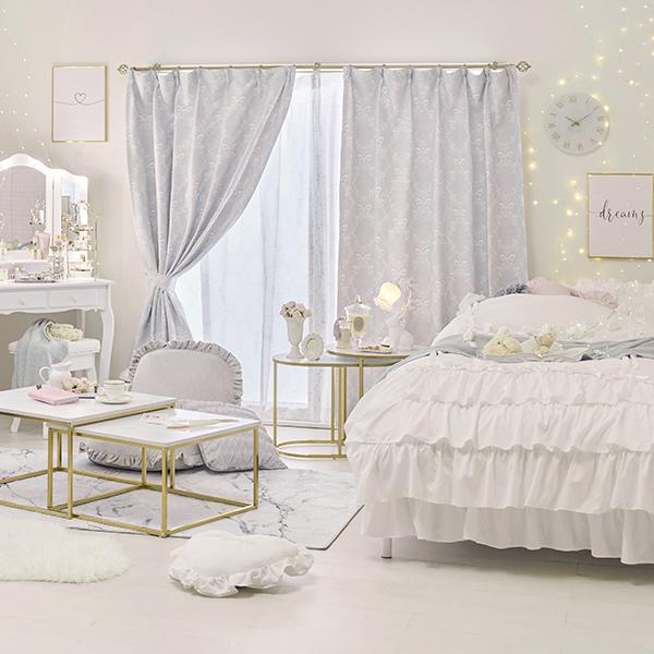 オーナメントリボン遮光カーテン/レースカーテンセット(幅100×丈185・4