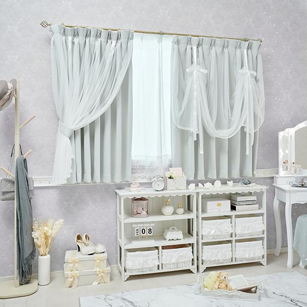 リボンアレンジレイヤード遮光カーテン/グレー(幅100×丈135・2枚組