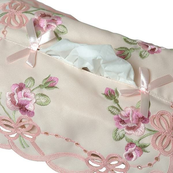 エンブロイダリーティッシュケースカバー(ローズリボン)｜かわいい