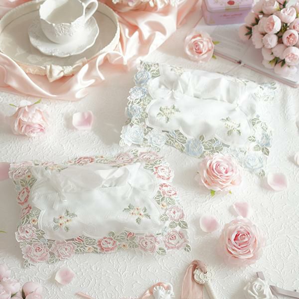 エンブロイダリーティッシュケースカバー(ローズ)【ラッピング対応可能