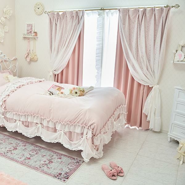 フリルフラワーレースレイヤード1級遮光カーテン(幅100×丈190・200cm