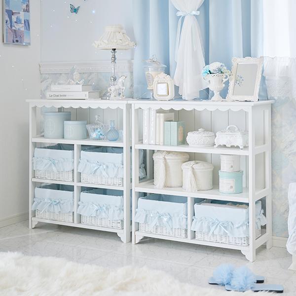 白ラタン♡たっぷり収納♡ホワイト家具♡フリル♡レース♡ミルクペイント♡ フリル付きチェスト バスケット6個付き 完成品 [幅70] Frill