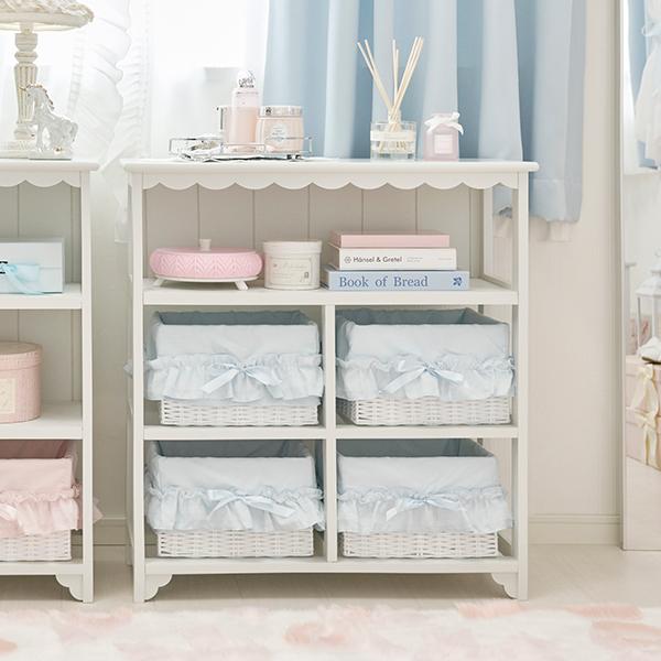 白ラタン♡たっぷり収納♡ホワイト家具♡フリル♡レース♡ミルクペイント♡ 大型】フリルバスケットチェスト(4杯・ブルー)/fille(フィーユ