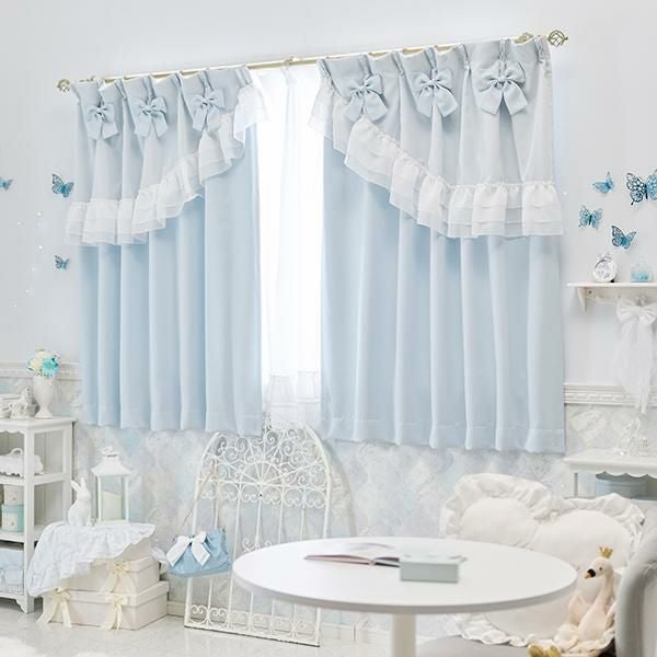 ティアラリボン2WAY遮光カーテン(100×135)/ブルー｜かわいいお姫様