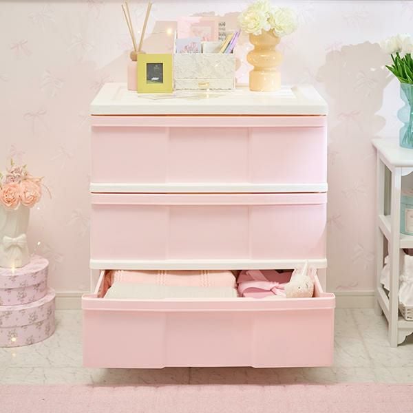 直送】ワイド収納ケース3段(ピンク×ホワイト)｜かわいいお姫様