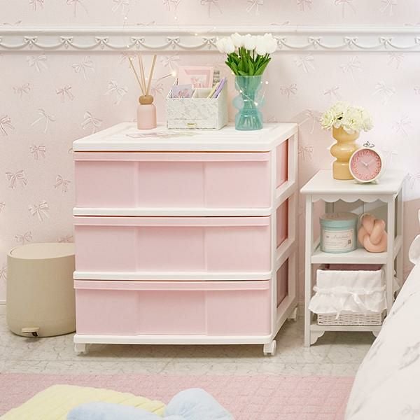 直送】ワイド収納ケース3段(ピンク×ホワイト)｜かわいいお姫様