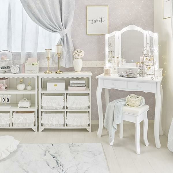 大型】キラキラ取っ手のリボン三面鏡スリムドレッサー(ライト付き